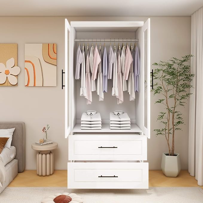 Armoire Wardrobe Closet, Bedroom Armoires with Mirror, Wardrobe Cabinet with Drawers, Hanging Rod and Storage Cabinet for Bedroom,White