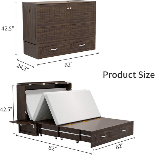 Queen Murphy Bed MFC-12 Cabinet with Charging Station for Guest Room, Black Walnut Queen Hideaway Murphy Bed with Storage Drawer and Shelves(NOT Included Mattress)