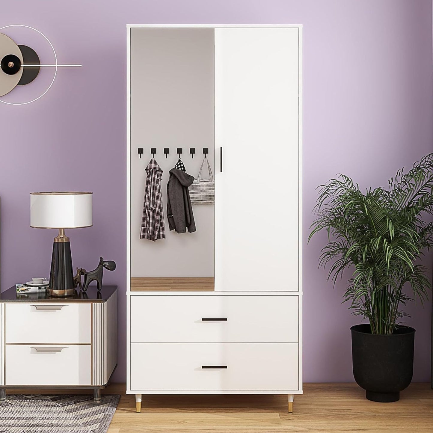 2 Doors Armoire Wardrobe Closet , 2 Drawers, Hanging Rods and Mirror Shelving for Bedroom White Wardrobe Closet Clothes Storage Organization