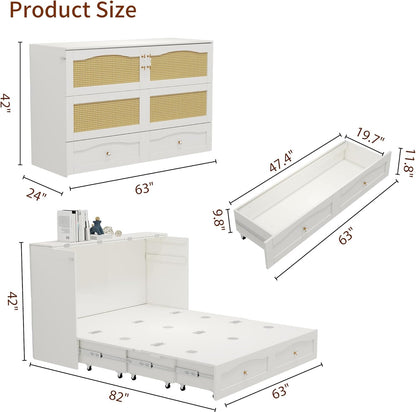 Murphy Bed Cabinet, MFC-9 Queen Cabinet Bed with Storage Drawers for Guest Room, Queen Size Murphy Bed, Space Saving Murphy Bed Chest, Hideaway Bed with White Rattan Design，Foldaway Bed Cabinet