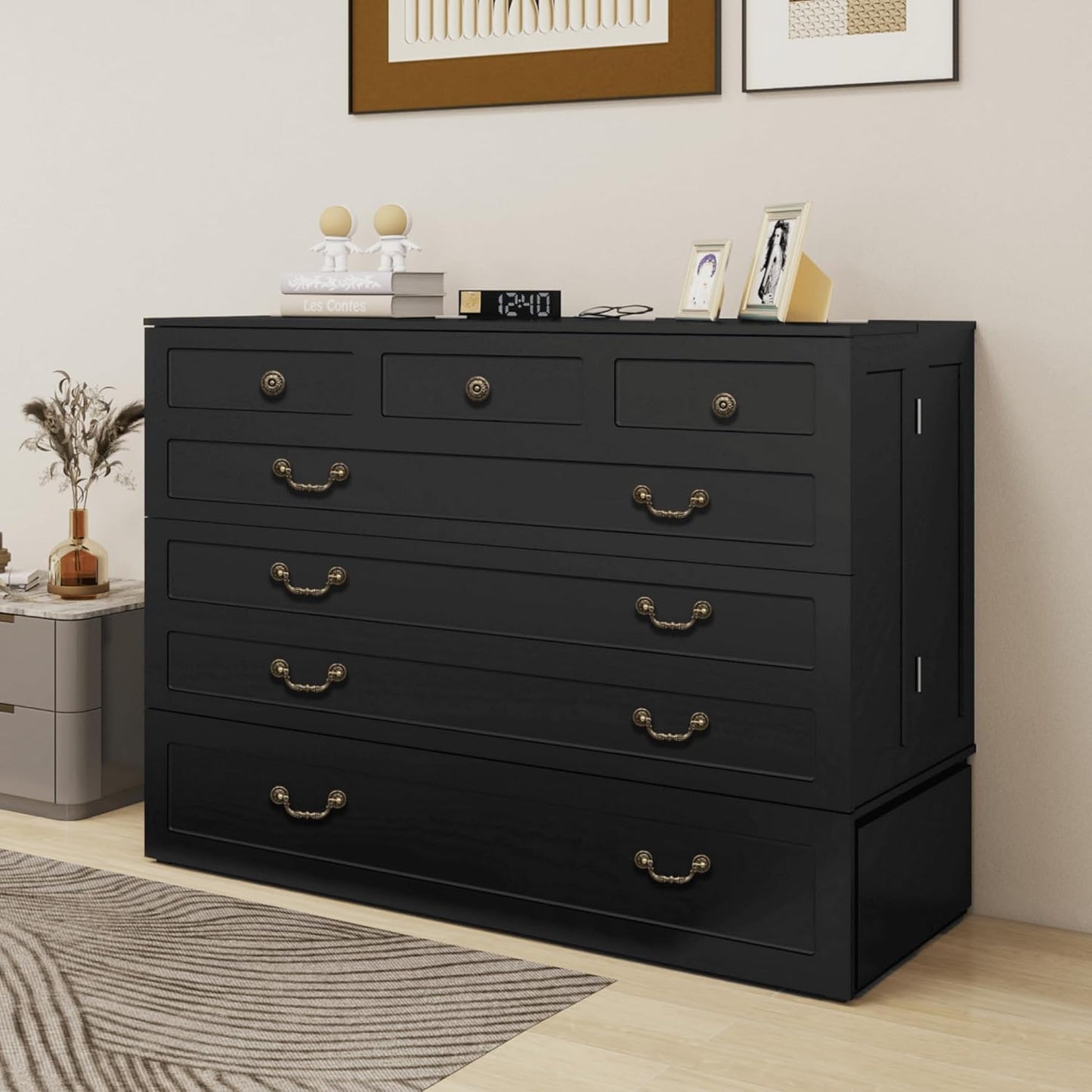 Murphy Bed Cabinet with Drawer Includes Storage Cabinet, MFC-7 Murphy Bed Twin Suit for Home Office or Small Room, Murphy Bed Full with Charging and USB Port, Black Twin Murphy Bed Cabinet Bed