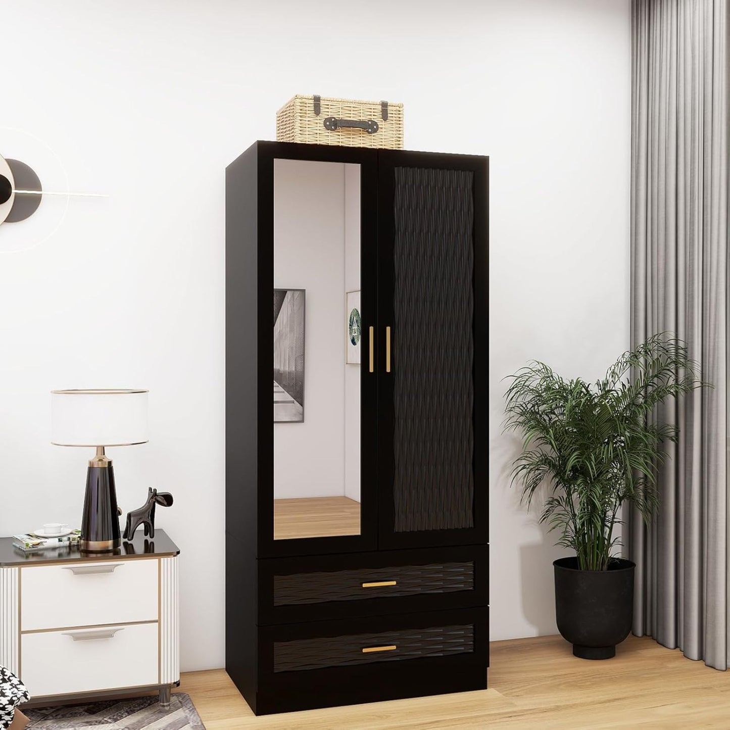 Modern Wooden Armoire Wardrobe Closet with Mirror Door, Black Bedroom Armoire Storage Cabinet, 2 Door  Armoire Wardrobe Closet with Hanging Rod for Bedroom