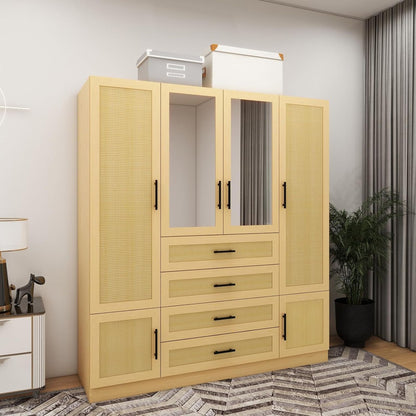 Rattan Bedroom Armoires and Wardrobes, 4 Doors Wardrobe Closet with Mirror & Drawers, Clothes Cabinet Wardrobe with Hanging Rods, Wooden Closet Wardrobes for Bedroom