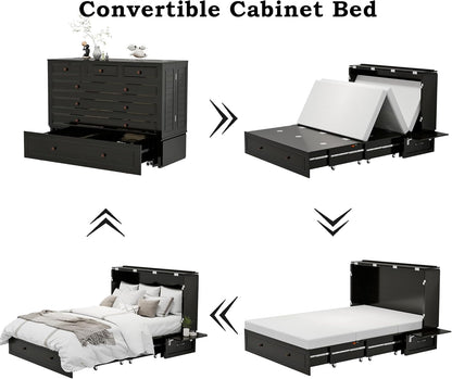 Murphy Bed with 2 Drawers and 2 Shelves, MFC-13 2 USB and 2 Charging Ports, Luxury Murphy Bed for Guest Rooms and Home Offices, Comfortable and Practical Black Queen Murphy Bed Cabinet