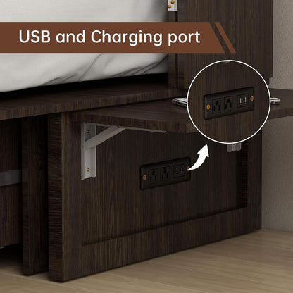Queen Murphy Bed MFC-12 Cabinet with Charging Station for Guest Room, Black Walnut Queen Hideaway Murphy Bed with Storage Drawer and Shelves(NOT Included Mattress)
