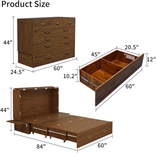 Murphy Bed Cabinet with Drawer Includes Storage Cabinet, Murphy Bed Twin Suit for Guest Room, Murphy Bed Full with Charging and USB Port, Reddish-Brown Twin Murphy Bed Cabinet Bed, Bed