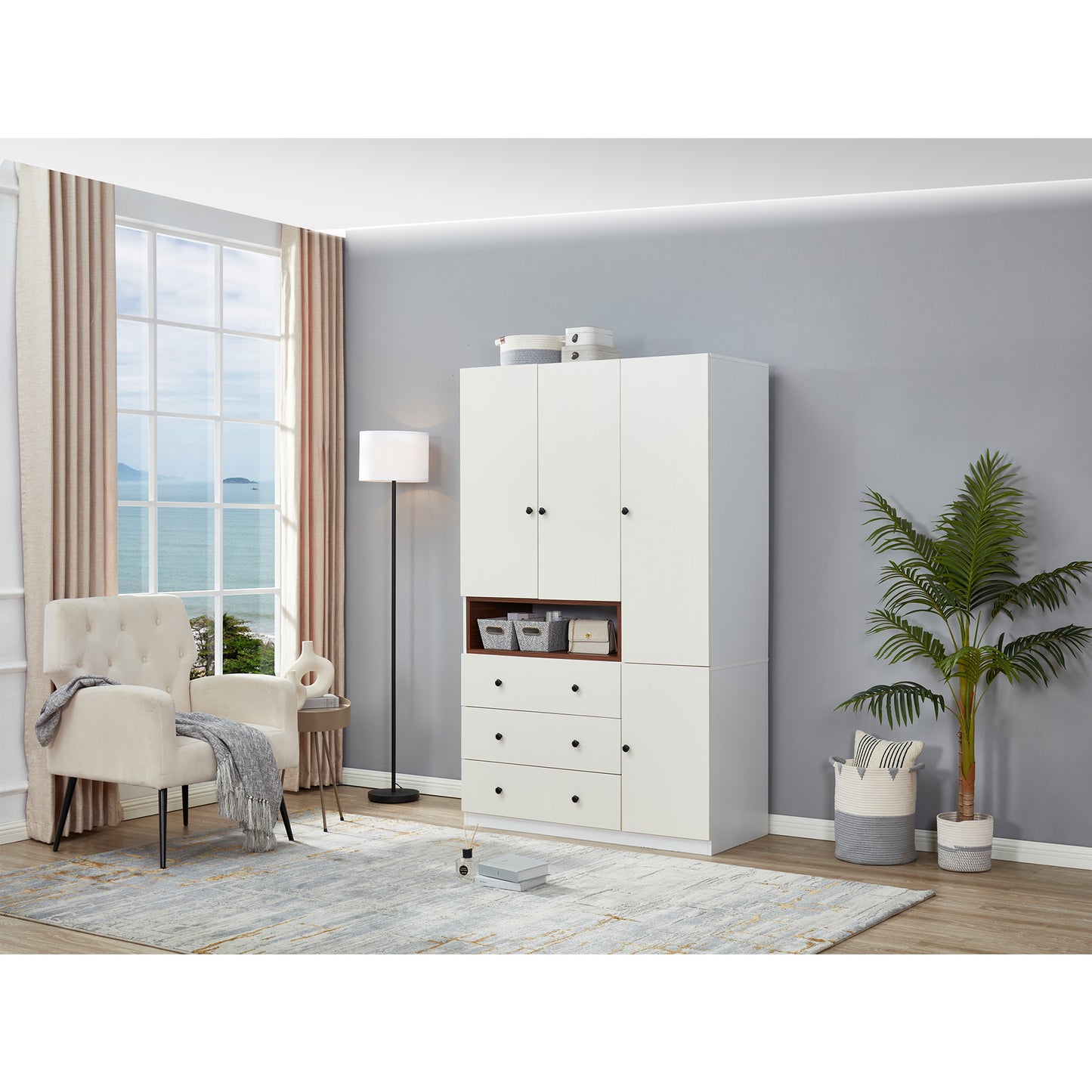 3 Door Armoire Wardrobe Closet Cabinet, 3 Drawers White Closet Cabinet for Large Capacity, Tall Cabinet Closet with 2 Hanging Rod and 2 Storage