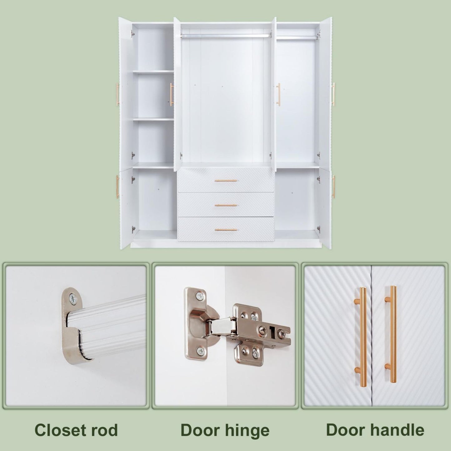 Wooden 4 Doors 3 Drawers White Wood Wardrobe Closet Armoire, Freestanding Closet Cabinet for Bedroom, Clothes Storage Closet Wardrobe with Hanging Rod, Wooden Clothes Organizer