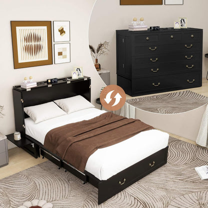 Murphy Bed Cabinet with Drawer Includes Storage Cabinet, MFC-7 Murphy Bed Twin Suit for Home Office or Small Room, Murphy Bed Full with Charging and USB Port, Black Twin Murphy Bed Cabinet Bed