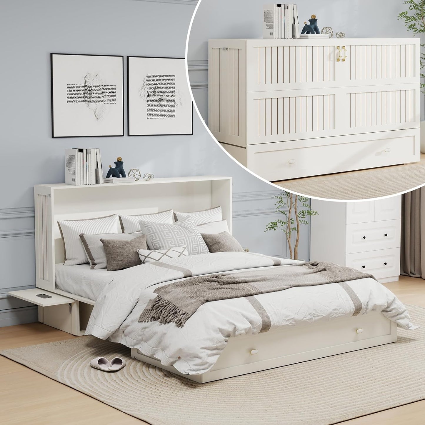 Queen Murphy Bed Cabinet with Storage Drawer and Shelves, MFC-10 White Queen Hideaway Murphy Bed Suit for Guest Room and Bedroom Living Room, Size is 82" L x 62" W x 41" H(NOT Included Mattress)