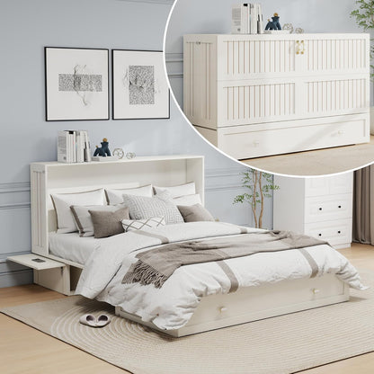 Queen Murphy Bed Cabinet with Storage Drawer and Shelves, MFC-10 White Queen Hideaway Murphy Bed Suit for Guest Room and Bedroom Living Room, Size is 82" L x 62" W x 41" H(NOT Included Mattress)