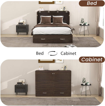 Queen Murphy Bed MFC-12 Cabinet with Charging Station for Guest Room, Black Walnut Queen Hideaway Murphy Bed with Storage Drawer and Shelves(NOT Included Mattress)