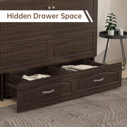 Queen Murphy Bed MFC-12 Cabinet with Charging Station for Guest Room, Black Walnut Queen Hideaway Murphy Bed with Storage Drawer and Shelves(NOT Included Mattress)