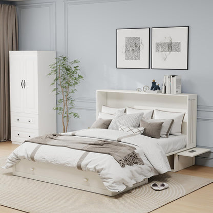 Queen Murphy Bed Cabinet with Storage Drawer and Shelves, MFC-10 White Queen Hideaway Murphy Bed Suit for Guest Room and Bedroom Living Room, Size is 82" L x 62" W x 41" H(NOT Included Mattress)