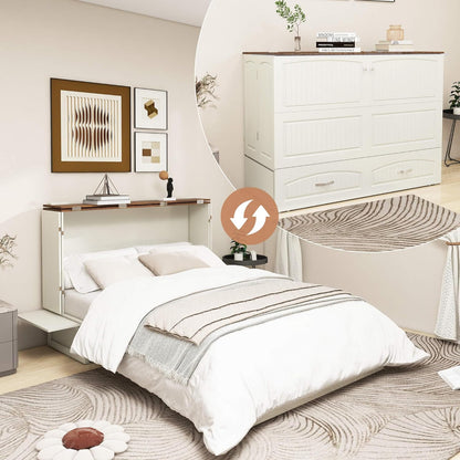 Murphy Bed Cabinet, MFC-3 Queen Murphy Bed with USB and Charging Ports, Murphy Bed Cabinet with Drawer Includes Storage Cabinet, Murphy Bed Queen Suit for Guest Room, White Cabinet Bed