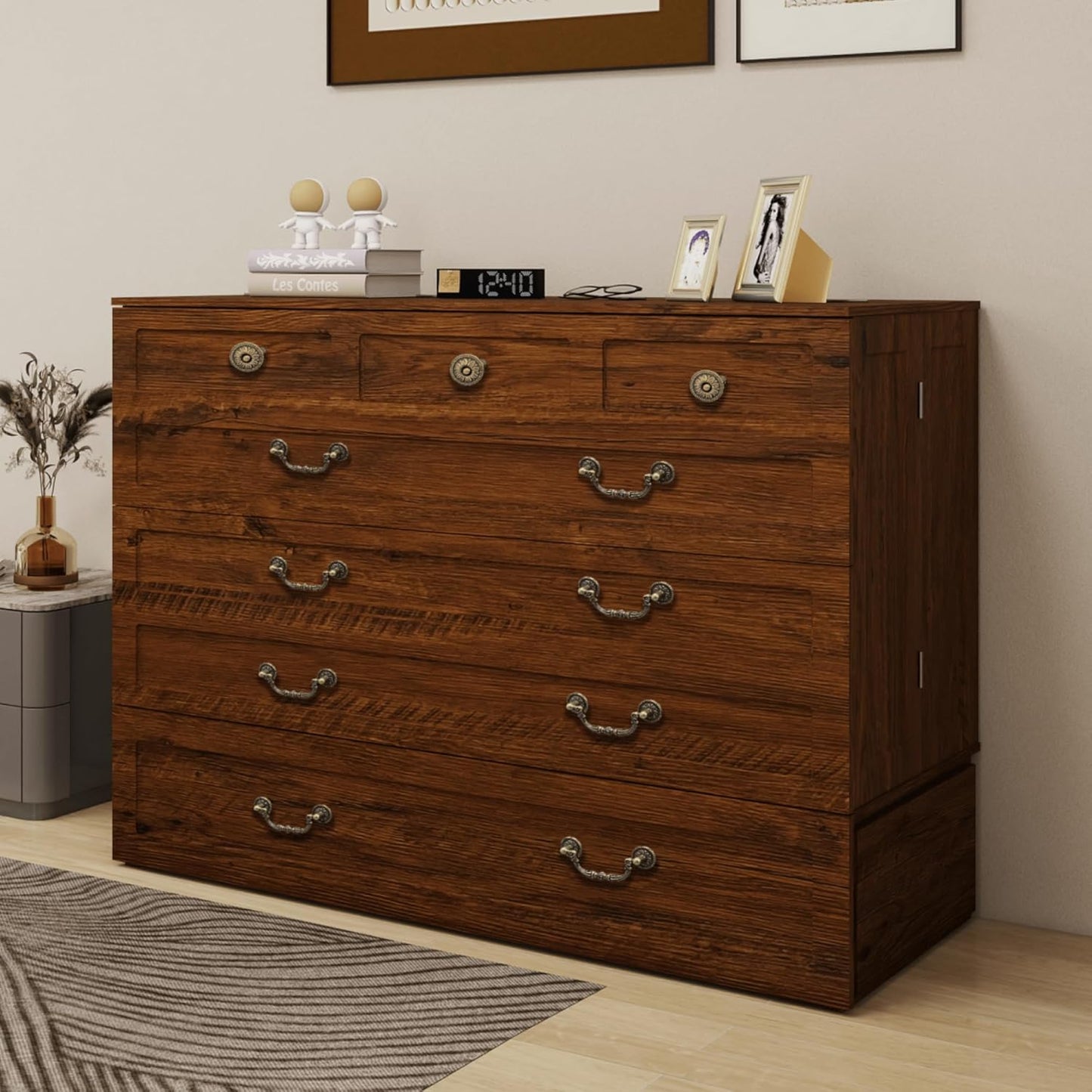 Murphy Bed Cabinet with Drawer Includes Storage Cabinet, Murphy Bed Twin Suit for Guest Room, Murphy Bed Full with Charging and USB Port, Reddish-Brown Twin Murphy Bed Cabinet Bed, Bed