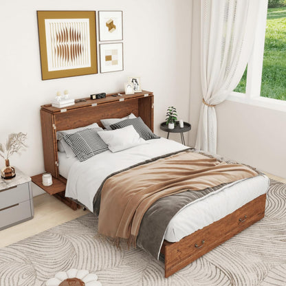 Murphy Bed Cabinet with Drawer Includes Storage Cabinet, Murphy Bed Twin Suit for Guest Room, Murphy Bed Full with Charging and USB Port, Reddish-Brown Twin Murphy Bed Cabinet Bed, Bed