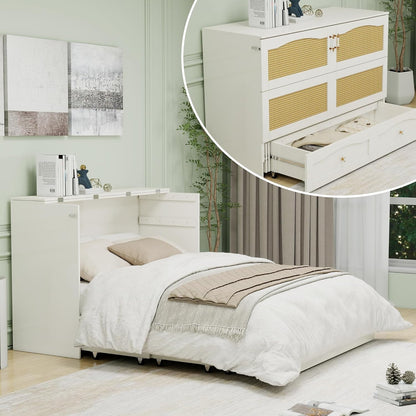 Murphy Bed Cabinet, MFC-9 Queen Cabinet Bed with Storage Drawers for Guest Room, Queen Size Murphy Bed, Space Saving Murphy Bed Chest, Hideaway Bed with White Rattan Design，Foldaway Bed Cabinet