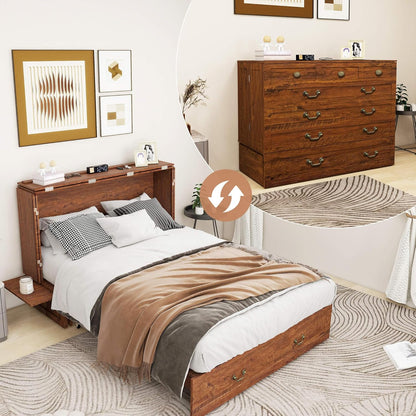 Murphy Bed Cabinet with Drawer Includes Storage Cabinet, Murphy Bed Twin Suit for Guest Room, Murphy Bed Full with Charging and USB Port, Reddish-Brown Twin Murphy Bed Cabinet Bed, Bed