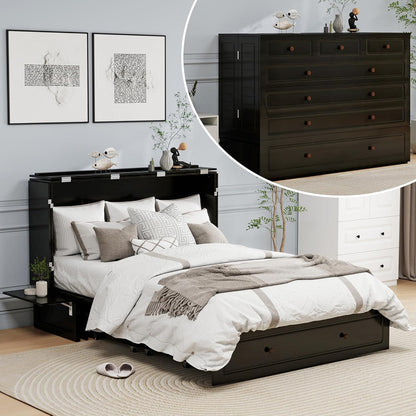 Murphy Bed with 2 Drawers and 2 Shelves, MFC-13 2 USB and 2 Charging Ports, Luxury Murphy Bed for Guest Rooms and Home Offices, Comfortable and Practical Black Queen Murphy Bed Cabinet