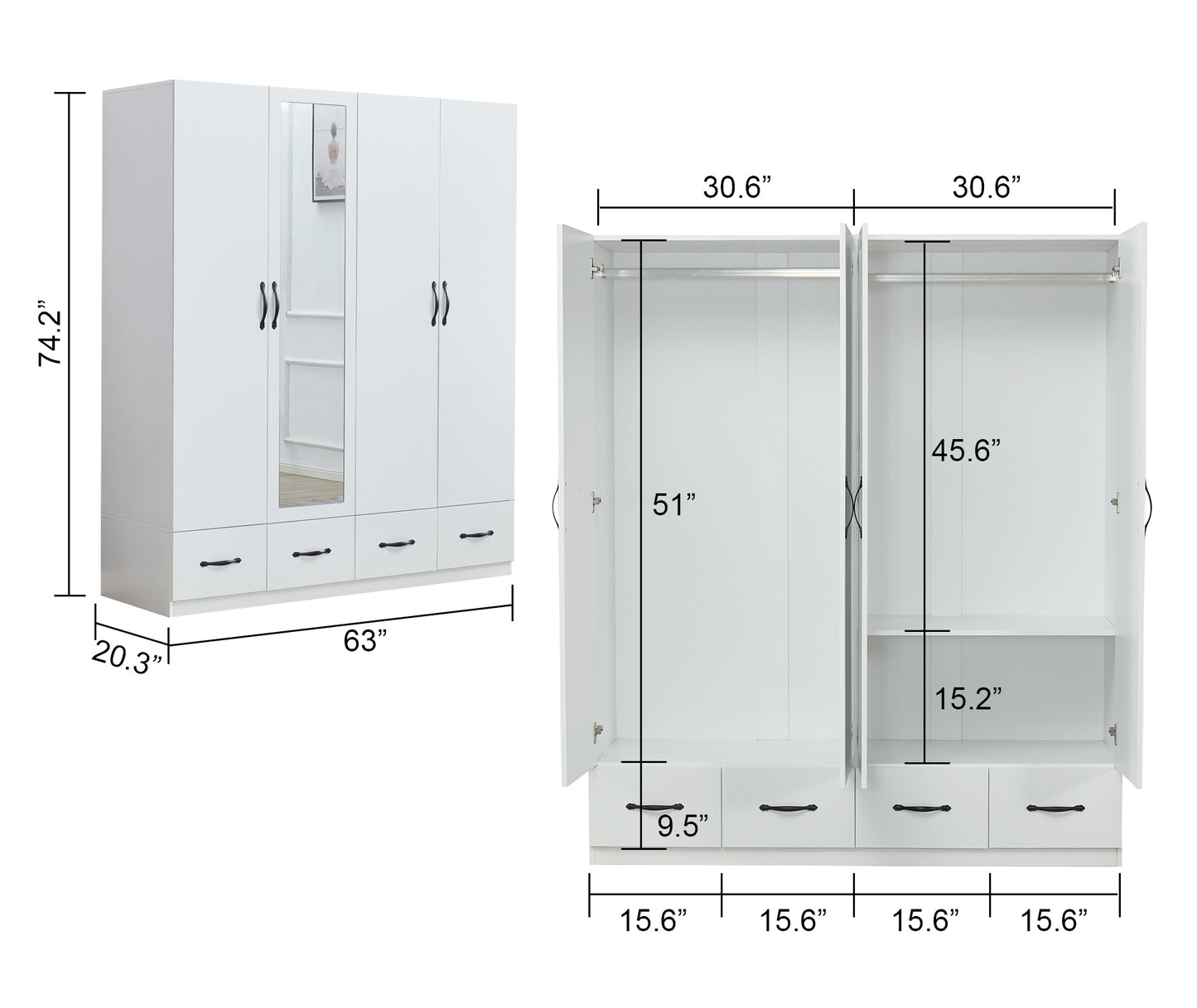 Morden Mirror White Four Doors Freestanding Armoires Wardrobe Cabinet Closet with 2 Hanging Rods and  Four Drawers Bedroom Closet Storage