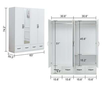 Morden Mirror White Four Doors Freestanding Armoires Wardrobe Cabinet Closet with 2 Hanging Rods and  Four Drawers Bedroom Closet Storage