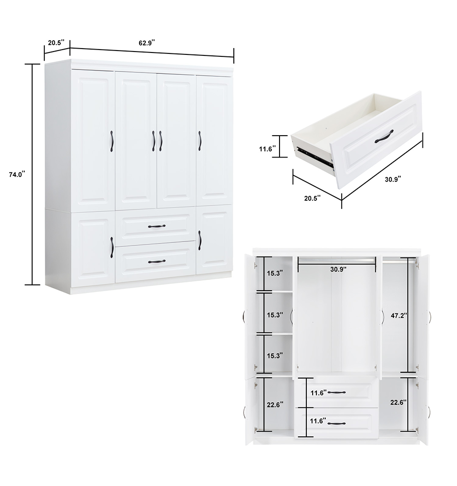 74" H White Solid Wood Freestanding Wardrobe Closet for Clothes Storage. Bedroom Wardrobe Storage Cabinet featuring 2 Hanging Rod Shelves, 2 Drawers, and 5 Storage Compartments