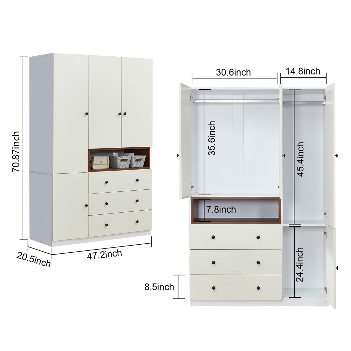 3 Door Armoire Wardrobe Closet Cabinet, 3 Drawers White Closet Cabinet for Large Capacity, Tall Cabinet Closet with 2 Hanging Rod and 2 Storage