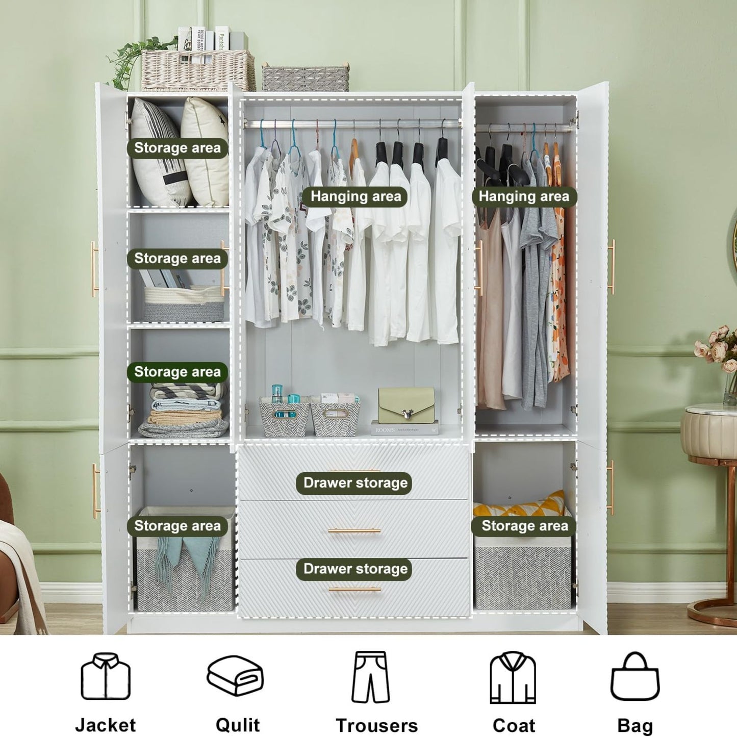 Wooden 4 Doors 3 Drawers White Wood Wardrobe Closet Armoire, Freestanding Closet Cabinet for Bedroom, Clothes Storage Closet Wardrobe with Hanging Rod, Wooden Clothes Organizer