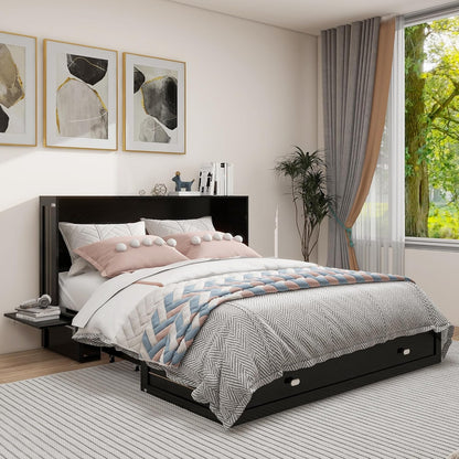 Queen Size MFC-11 Murphy Cabinet Bed with 2 Large Storage Drawers and Shelves Hidden Mobile Chest with Shelves Space Saving for Guest Room Bedroom, 82"x62"x41" Black (Mattress not Include)