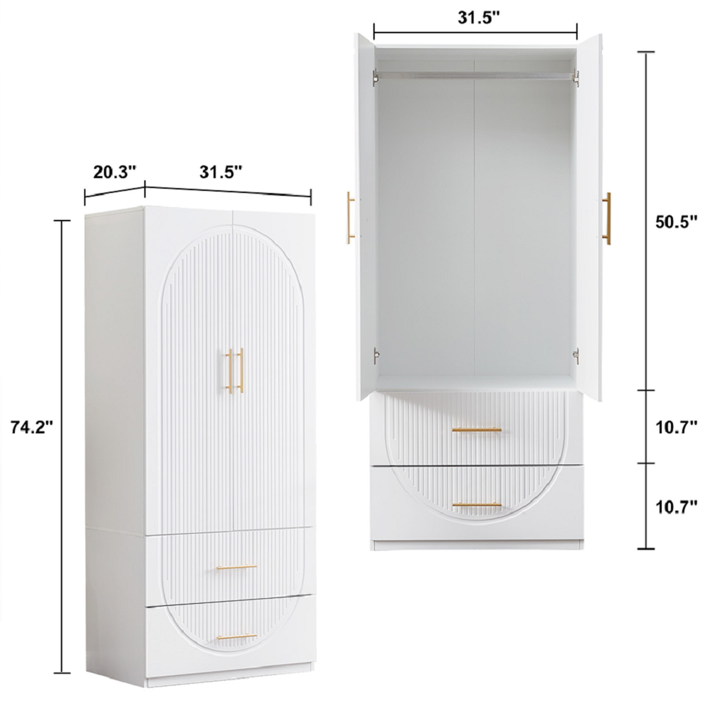 2 Door Wardrobe Armoire Cabinet, 2 Drawers Wooden White Closet Wardrobe Cabinet for Large Capacity with Hanging Rod and Metal Handles for Bedroom