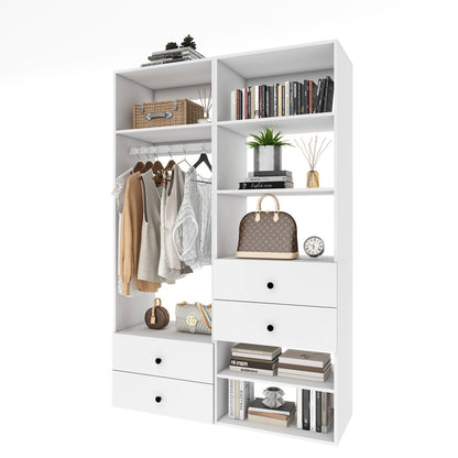 Closet System, Closet Organizers and Storage with  6 Shelves Wall Mounted, Closet Organizer with Clothing Racks for Hanging Clothes, White Wardrobe Closet for Bedroom