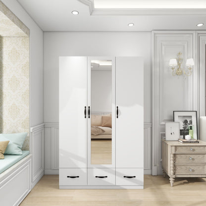 White Armoire Wardrobe Closet with 3 Doors Wooden  Armoires Clothes, Wardrobe Closets Storage Cabinet with Hanging Rod Shelves Closets for Bedroom