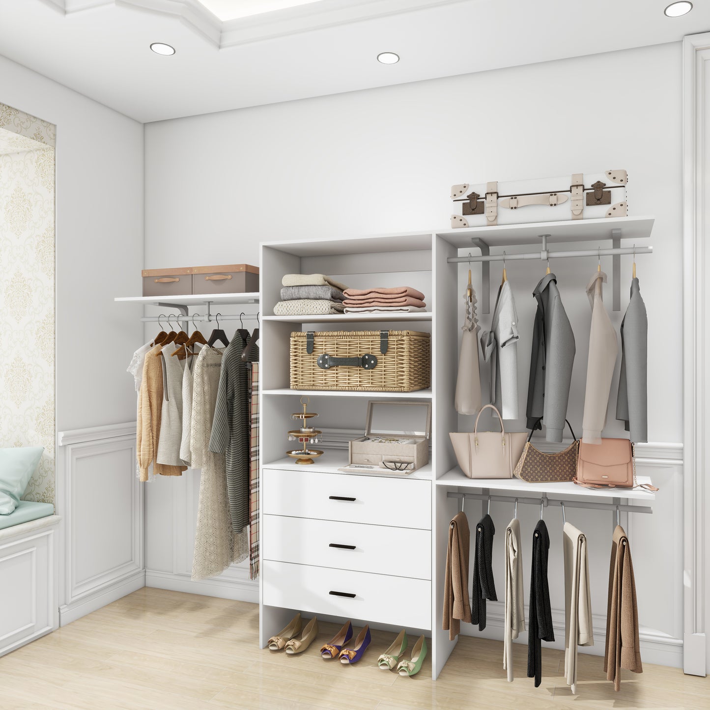 Closet Organizer System with Closet Shelves Wall Mounted, White Clothing Racks for Hanging Clothes, Clothes Organizer with Closet Drawers, Wooden Wardrobe Closet System with Hanging Rod