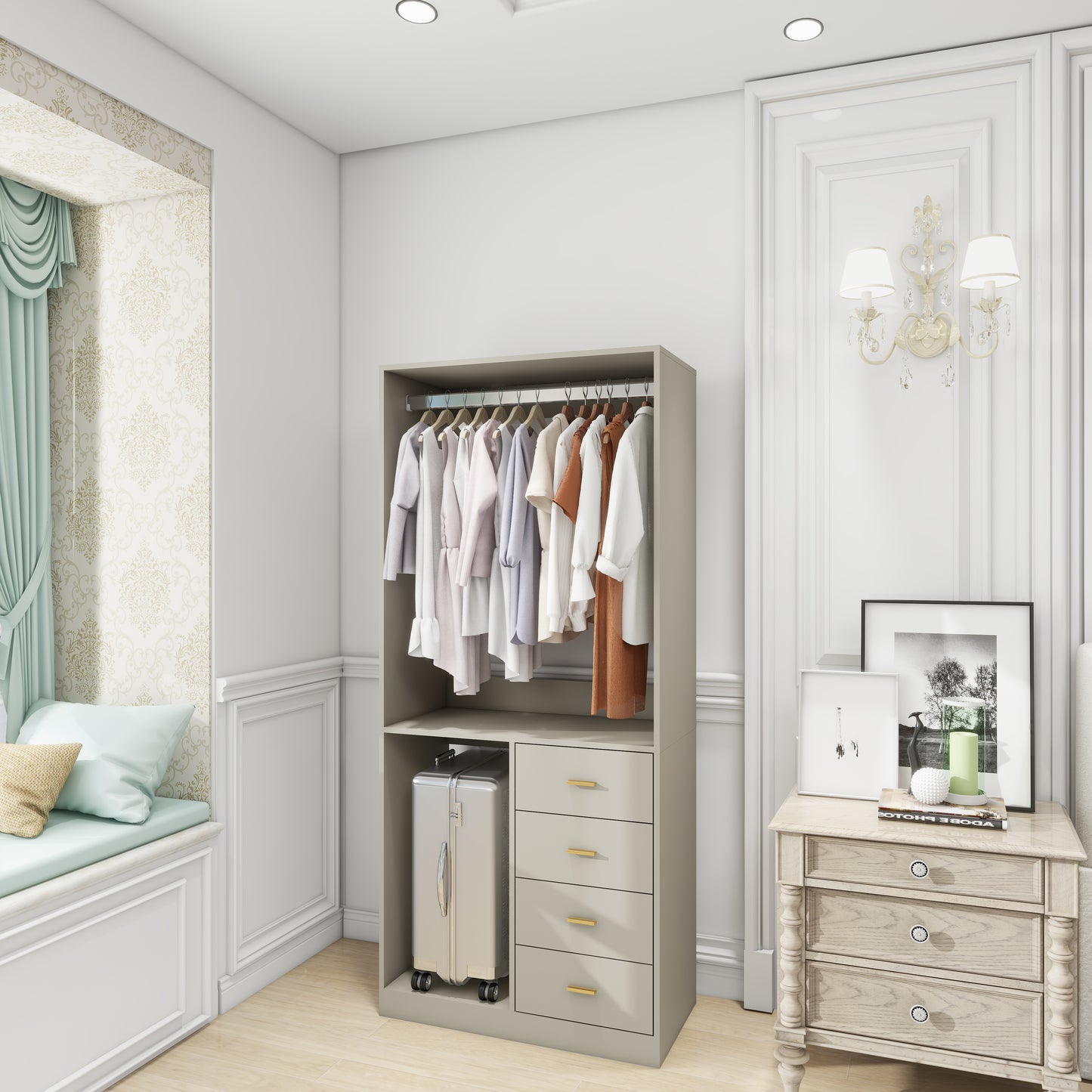 GreyCloset System: Walk-in Closet Organizer System with 4 Drawers Closet Kit with Shelves Hanging Rod Metal Handles Built-in Storage Organization 31.5"W x 15.7"D x 70.8"H