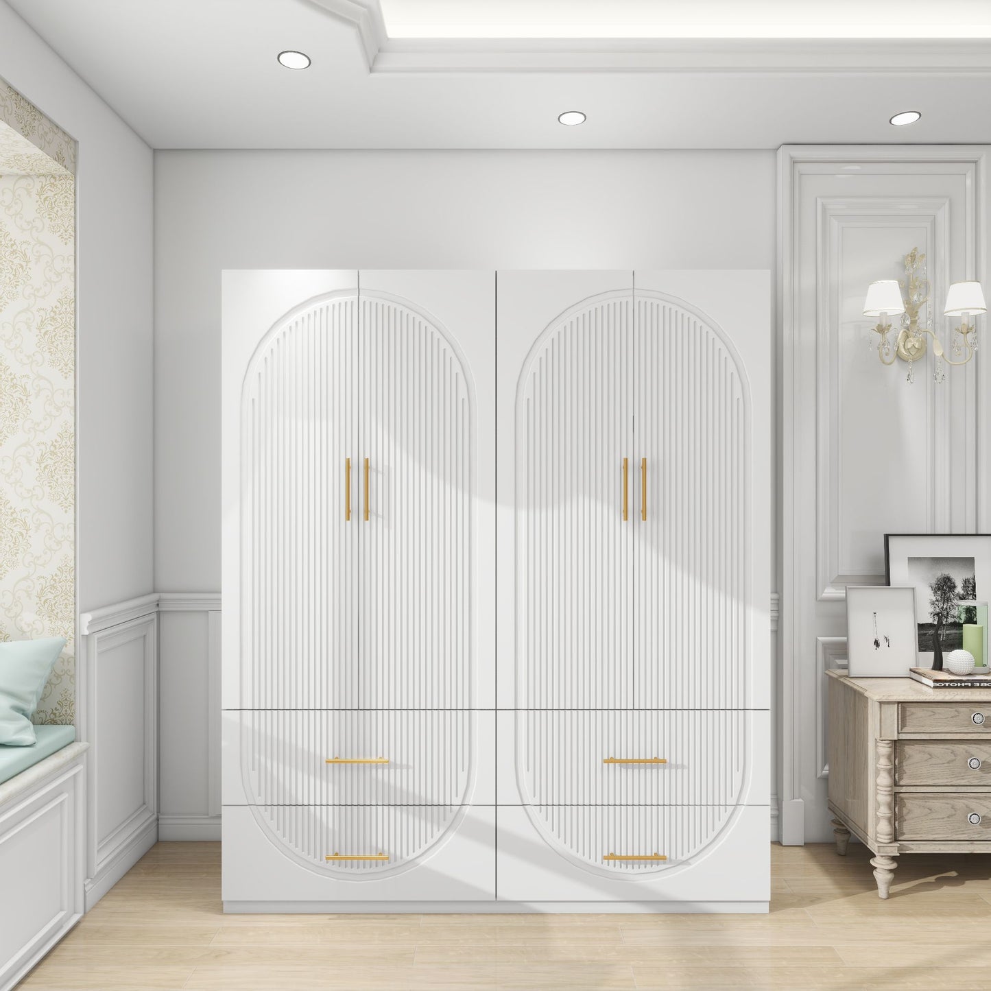 Tall Wardrobe Closet Cabinet with 4 Drawers and 4 Doors Ample Storage Capacity,Armoires and Wardrobes Wood with Hanging Rail White for Bedroom