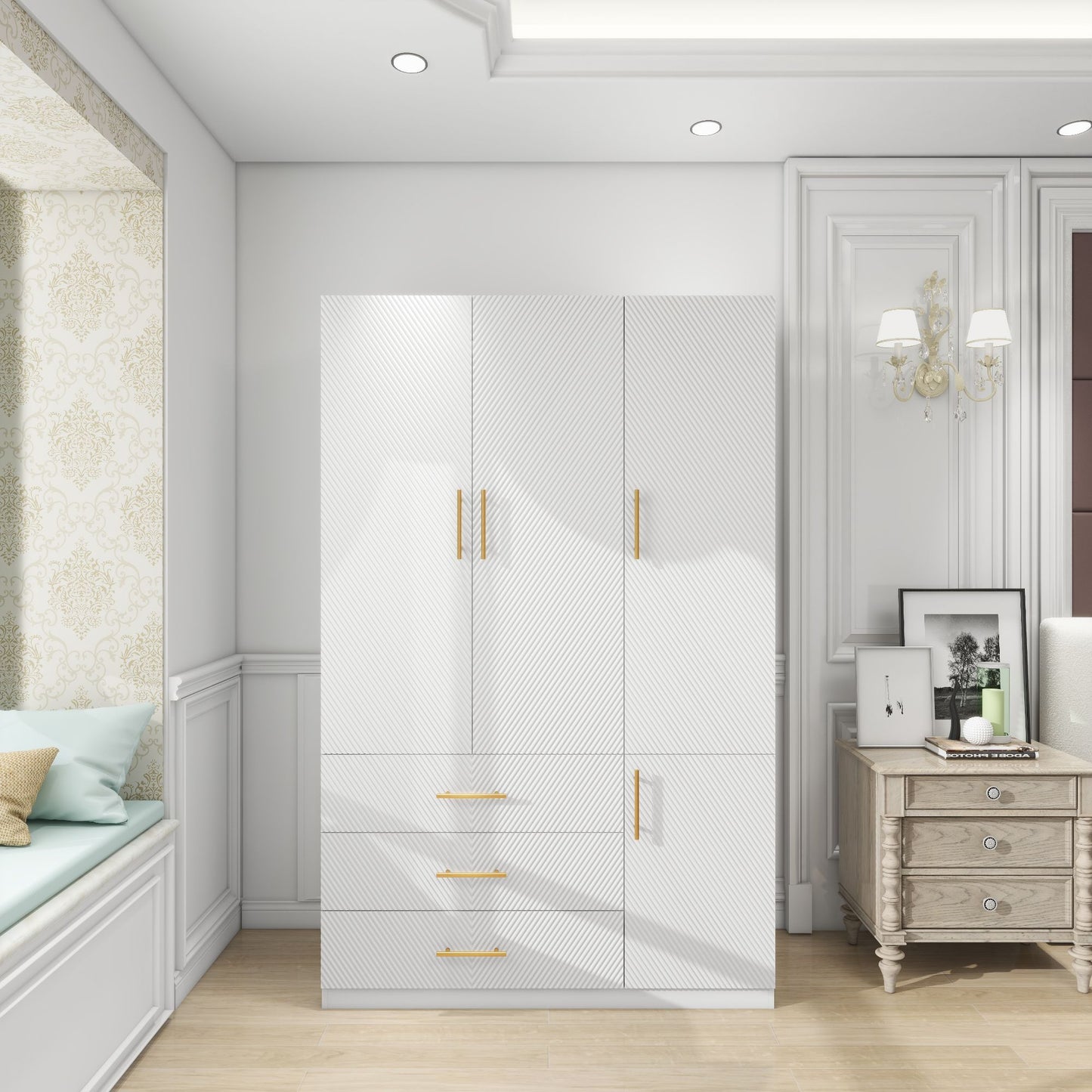 Wooden Armoire Wardrobe Closet, 3 Door 3 Drawers White Bedroom Armoires Wood Wardrobe Cabinet,  Wardrobe Closet with 1 Shelves and Hanging Rail