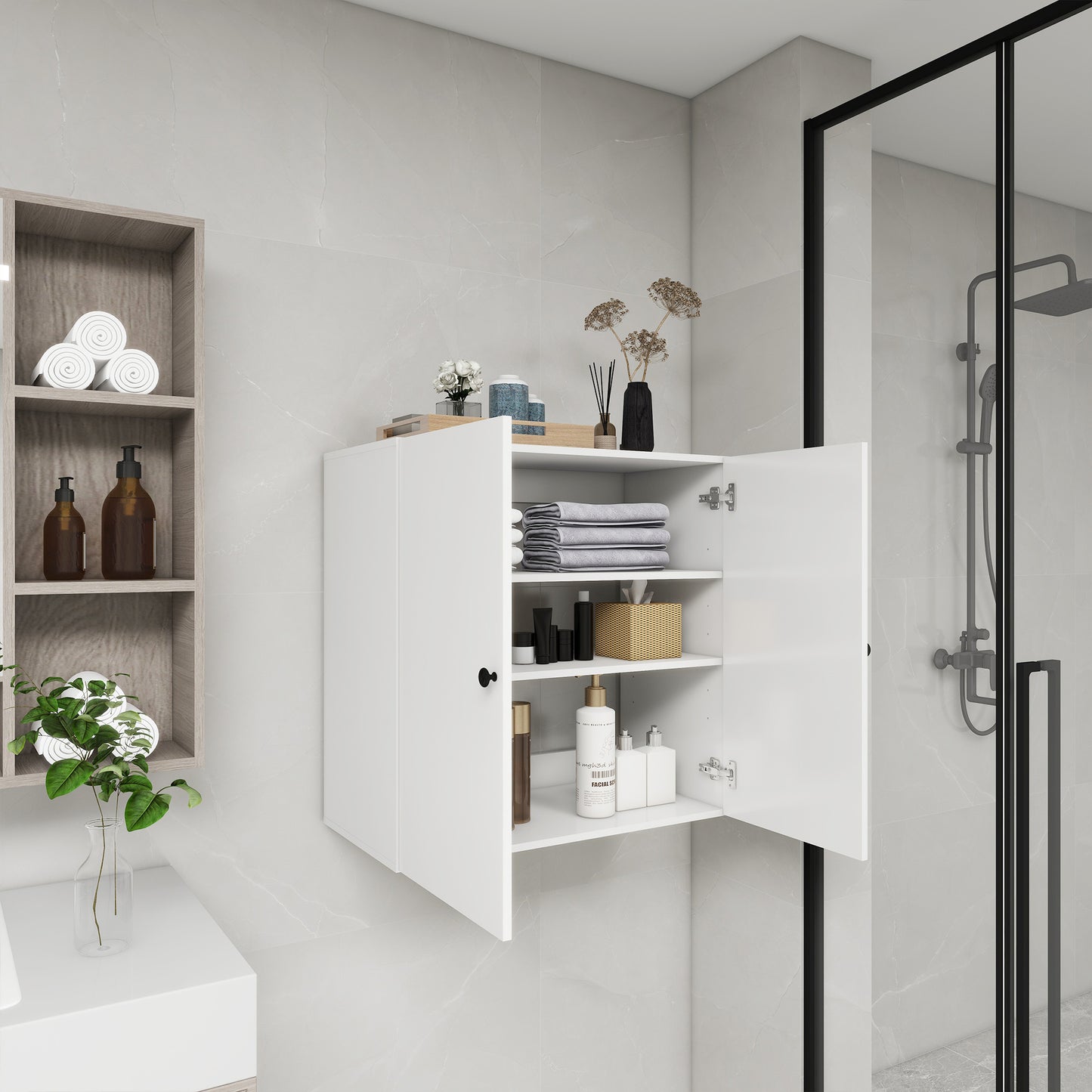 Closet Shelves for bathroom,Wooden Closet System Modular With 2 Doors Shelves Wall Mount Organizer Modern Shelving for Walk in Closet Organization Bedroom Built in Clothes Storage 31.49''W x 16.04''D x 31.49''H