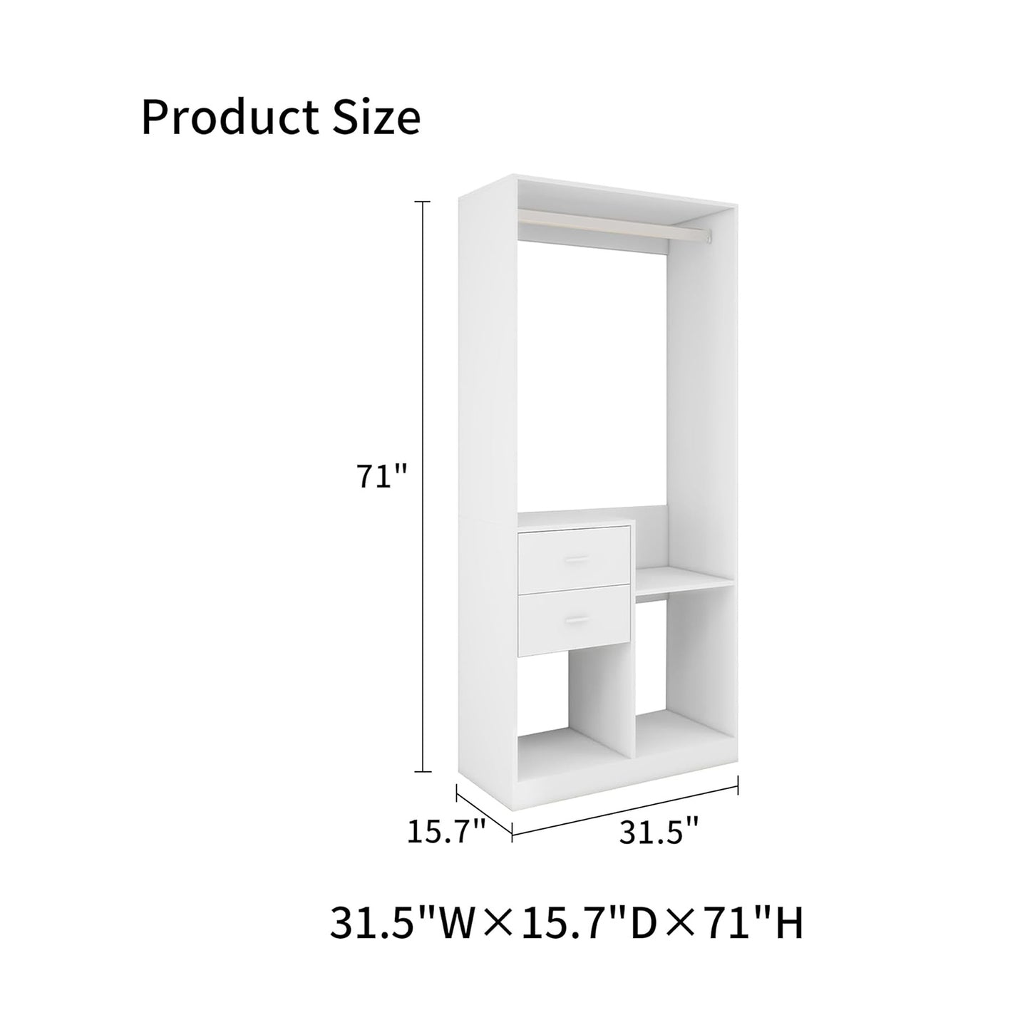 Stand-Alone Wood Closet System for Walk in Closets with 2 Drawers Hanging Rods and Shelves Clothes Storage Cabinet Built-in Closet Organizer for Bedroom 31.5"L x 15.7"W x 70.8"H Gray