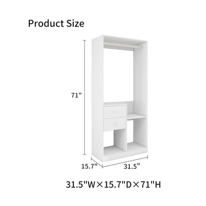 Stand-Alone Wood Closet System for Walk in Closets with 2 Drawers Hanging Rods and Shelves Clothes Storage Cabinet Built-in Closet Organizer for Bedroom 31.5"L x 15.7"W x 70.8"H Gray