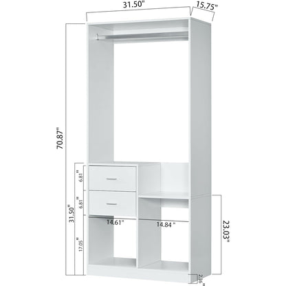 Freestanding Closet System 71"H Closet System with Drawers, Wooden Wardrobe Closet Organizer System with Closet Drawers, clothes organizer Clothing Racks for Hanging Clothes with Closet Shelves Wall Mounted, White