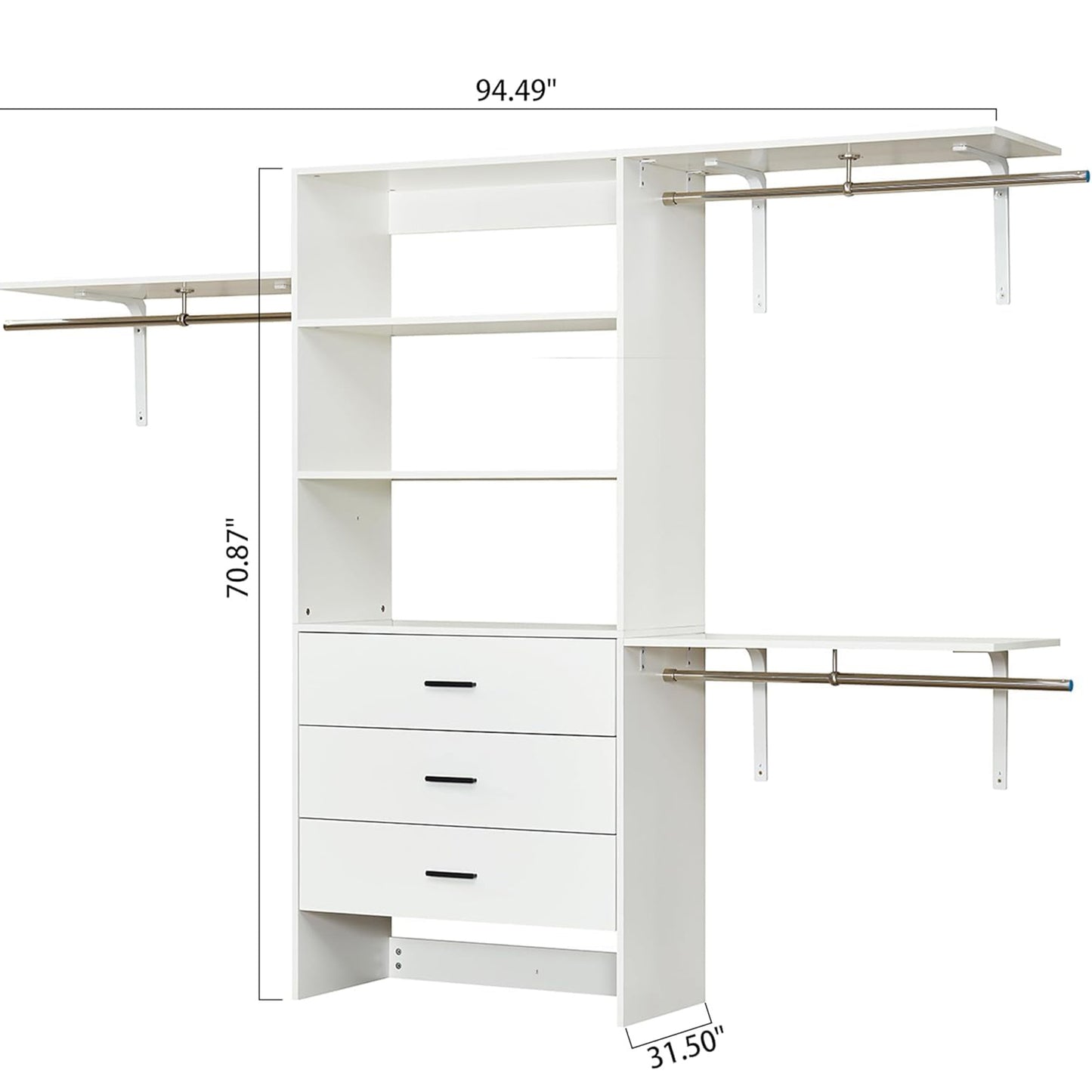 Closet Organizer System with Closet Shelves Wall Mounted, White Clothing Racks for Hanging Clothes, Clothes Organizer with Closet Drawers, Wooden Wardrobe Closet System with Hanging Rod