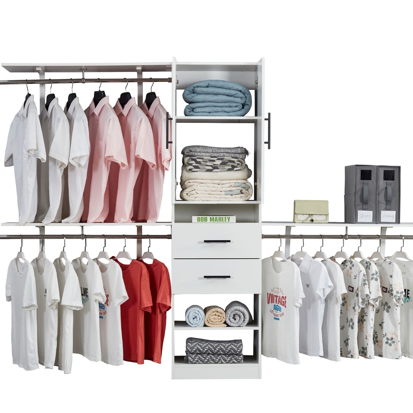 Closet Organizer System with 3 Shelf Towers, White Closet System with 2 Drawers Armoire Wardrobe Closet