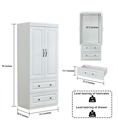 2 Door Armoire Wardrobe Closet, Two Drawers Wooden White Closet Wardrobe Cabinet for Large Capacity with Hanging Rod and Metal Handles for Tall Cabinet Closet 31.5" L x 20.3" W x 74.2" H