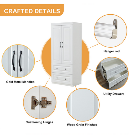 2 Door Armoire Wardrobe Closet, Two Drawers Wooden White Closet Wardrobe Cabinet for Large Capacity with Hanging Rod and Metal Handles for Tall Cabinet Closet 31.5" L x 20.3" W x 74.2" H