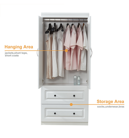 2 Door Armoire Wardrobe Closet, Two Drawers Wooden White Closet Wardrobe Cabinet for Large Capacity with Hanging Rod and Metal Handles for Tall Cabinet Closet 31.5" L x 20.3" W x 74.2" H